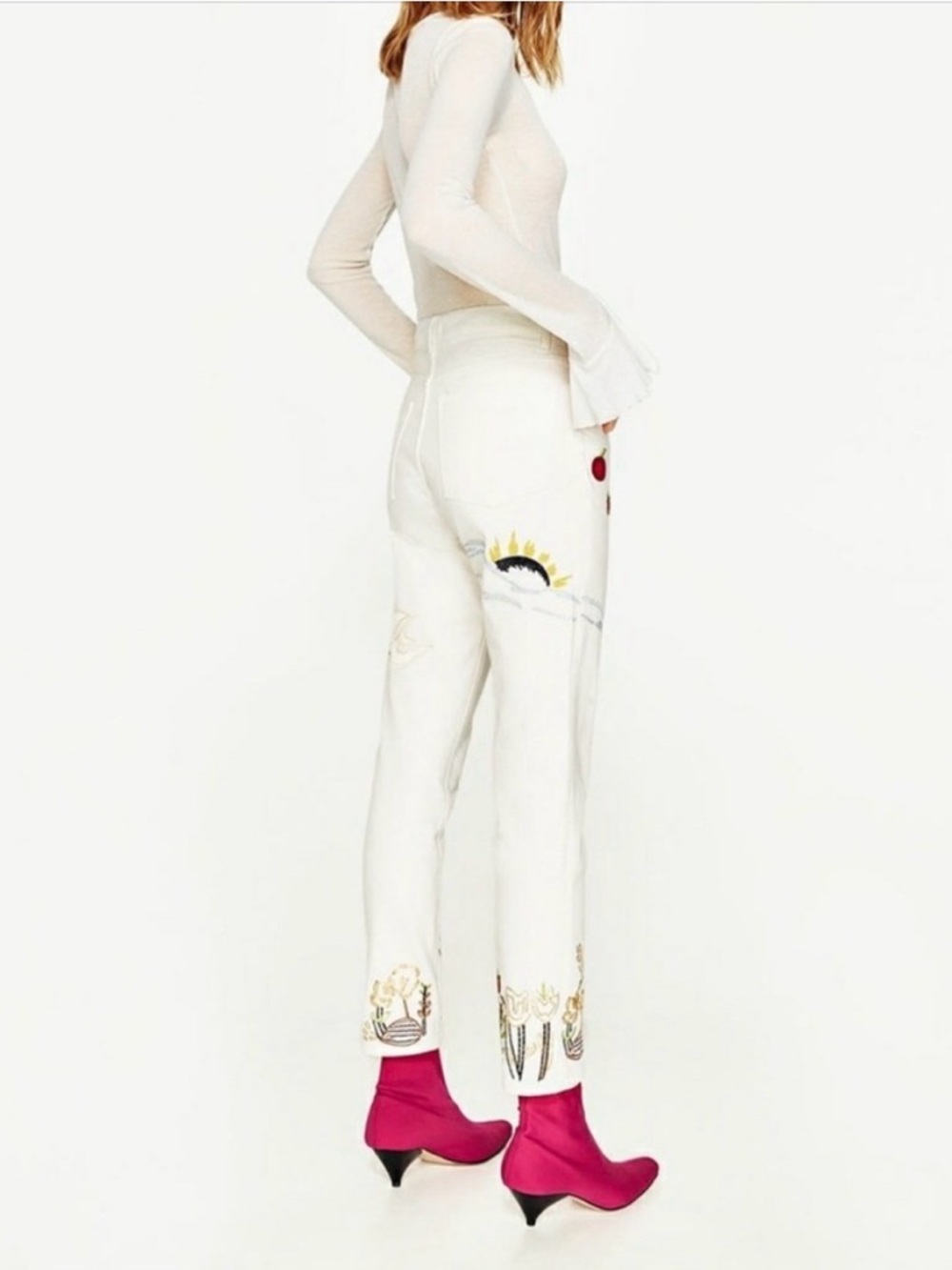 NWT! Zara Vintage High Waist Straight Leg Jeans White Multi Color Embroidery 4 - Picture 3 of 13